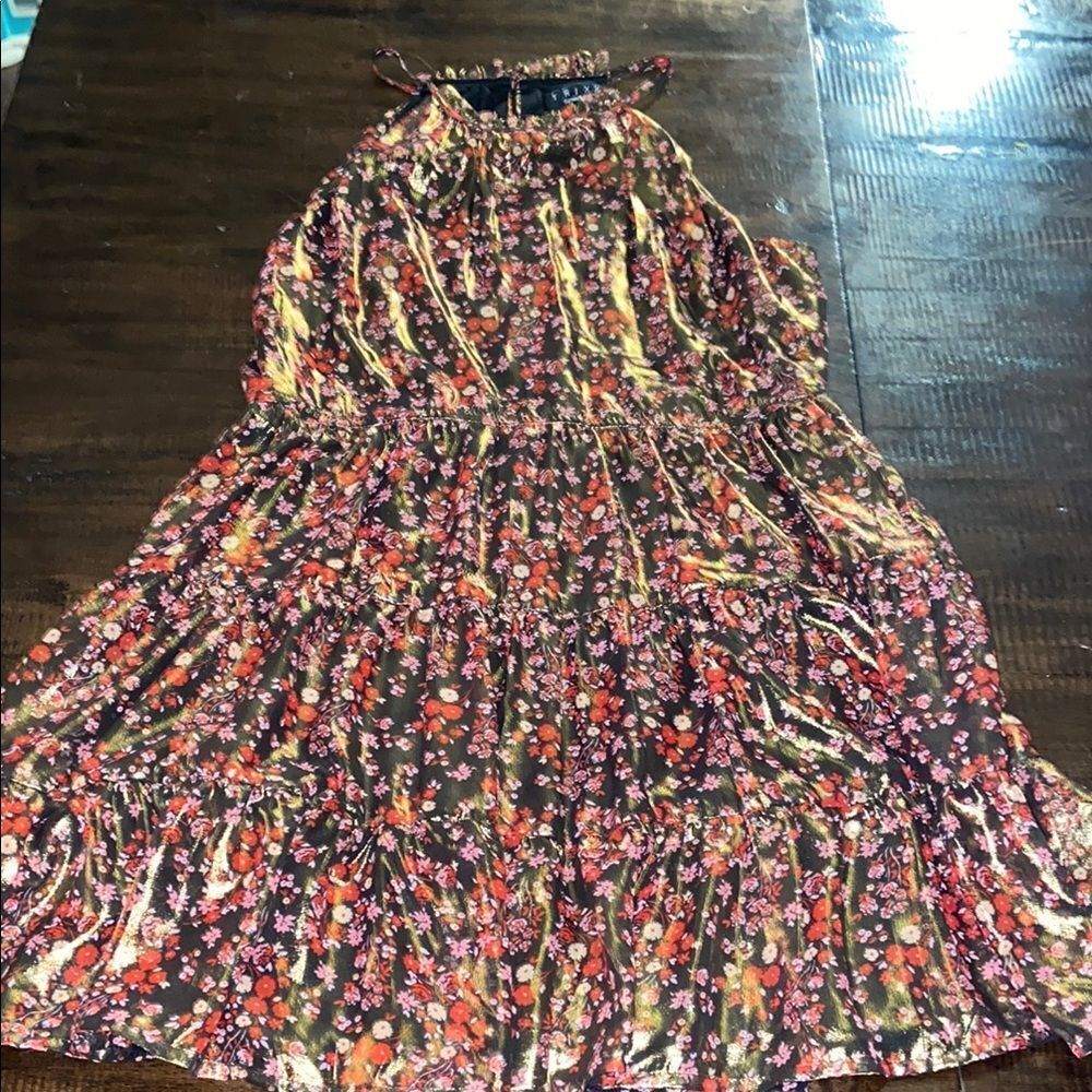 Trixxi Floral metallic Halter Dress with Gold and Pink Accents size large